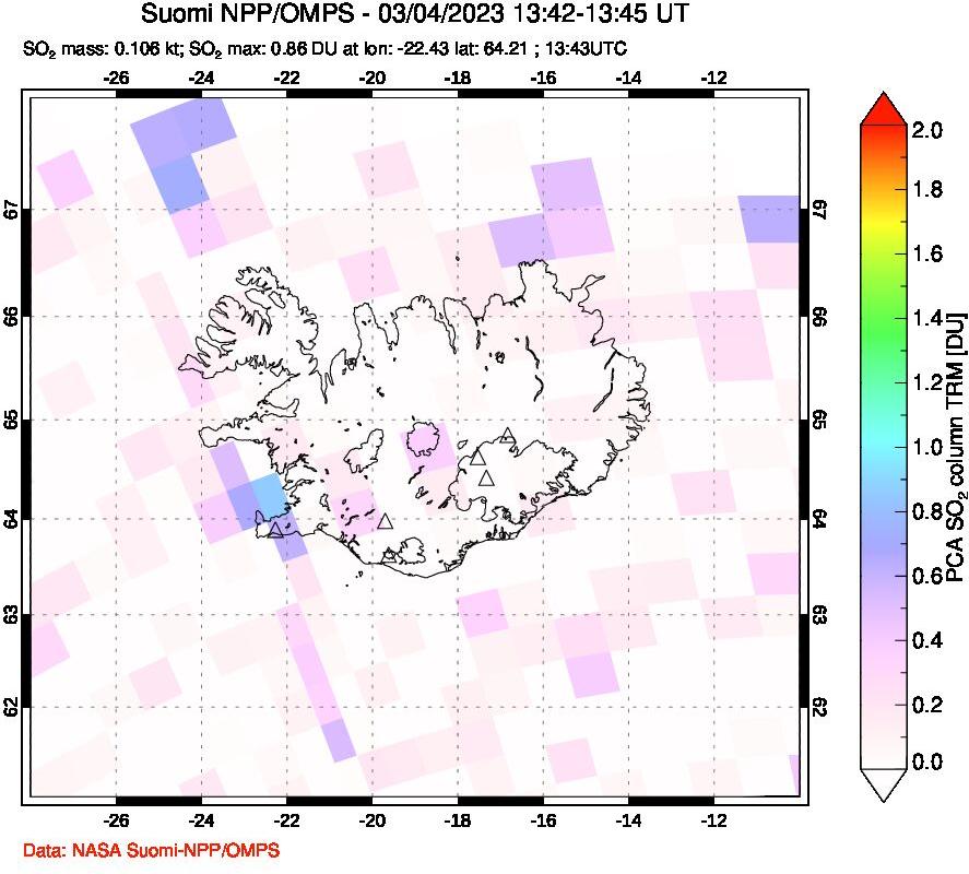 A sulfur dioxide image over Iceland on Mar 04, 2023.