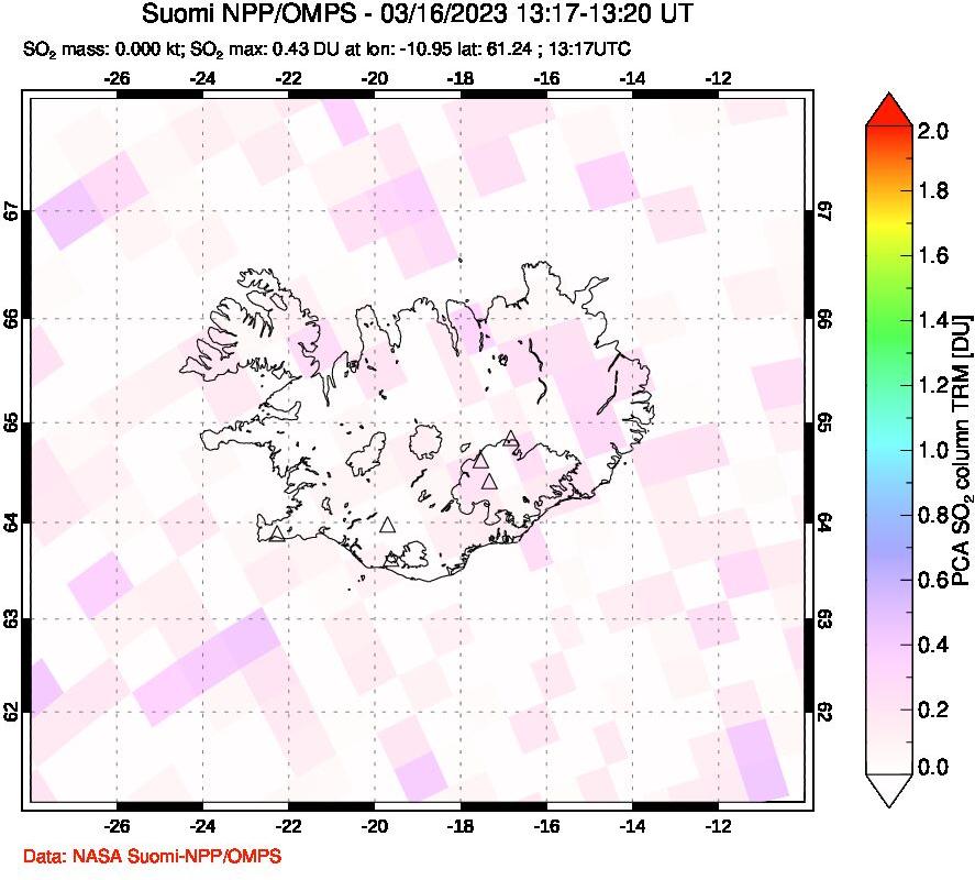 A sulfur dioxide image over Iceland on Mar 16, 2023.