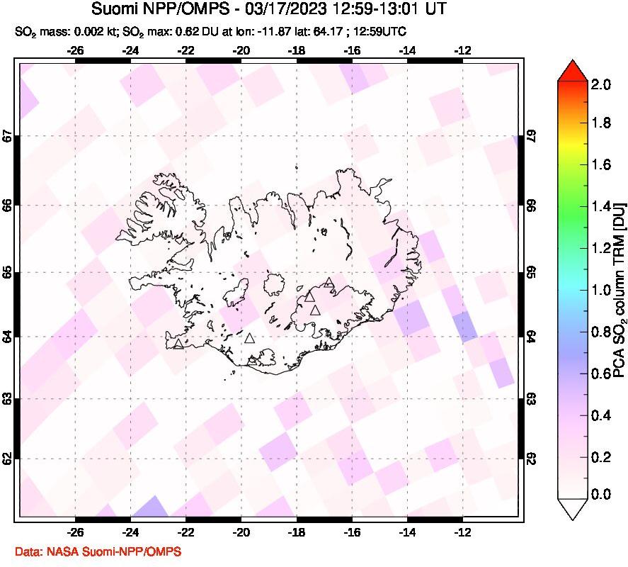 A sulfur dioxide image over Iceland on Mar 17, 2023.