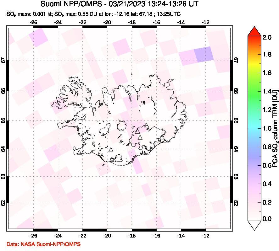 A sulfur dioxide image over Iceland on Mar 21, 2023.