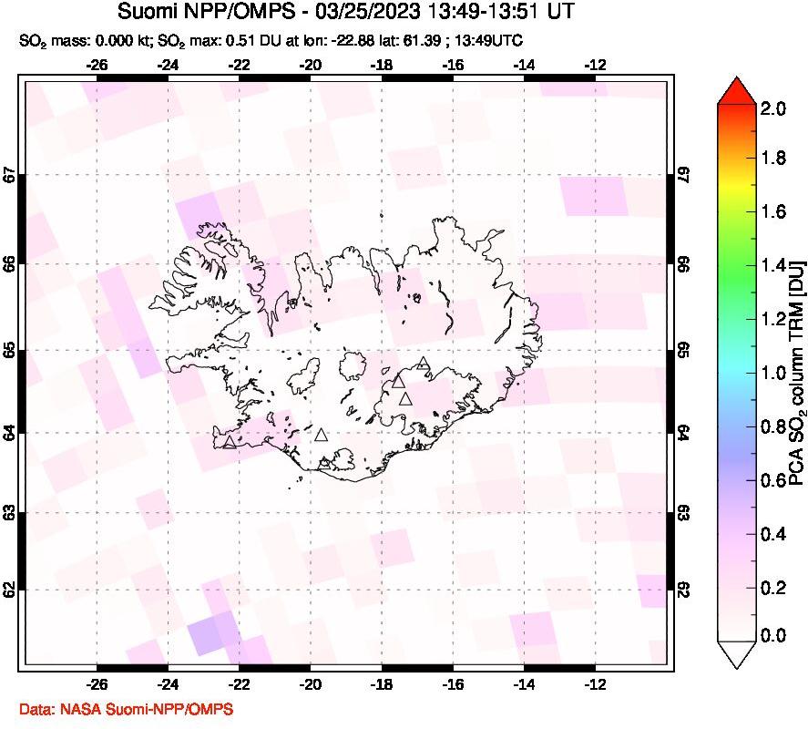 A sulfur dioxide image over Iceland on Mar 25, 2023.