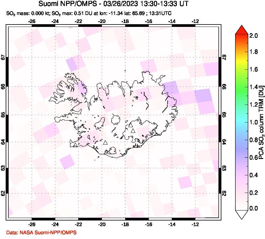 A sulfur dioxide image over Iceland on Mar 26, 2023.
