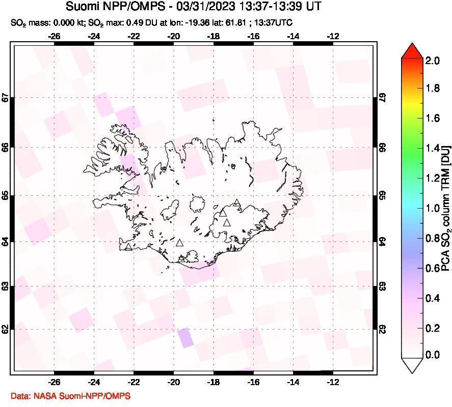 A sulfur dioxide image over Iceland on Mar 31, 2023.