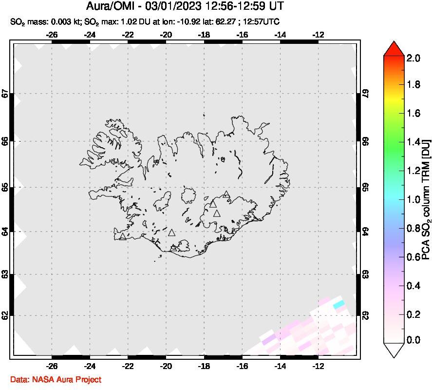 A sulfur dioxide image over Iceland on Mar 01, 2023.