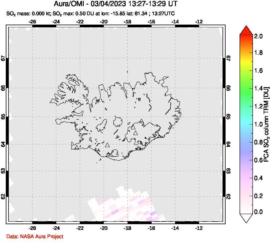 A sulfur dioxide image over Iceland on Mar 04, 2023.