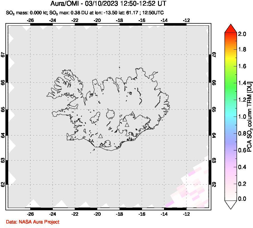 A sulfur dioxide image over Iceland on Mar 10, 2023.