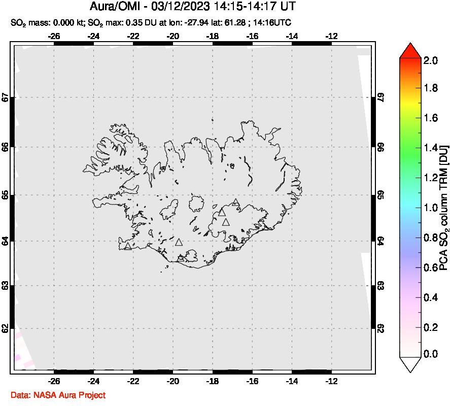 A sulfur dioxide image over Iceland on Mar 12, 2023.