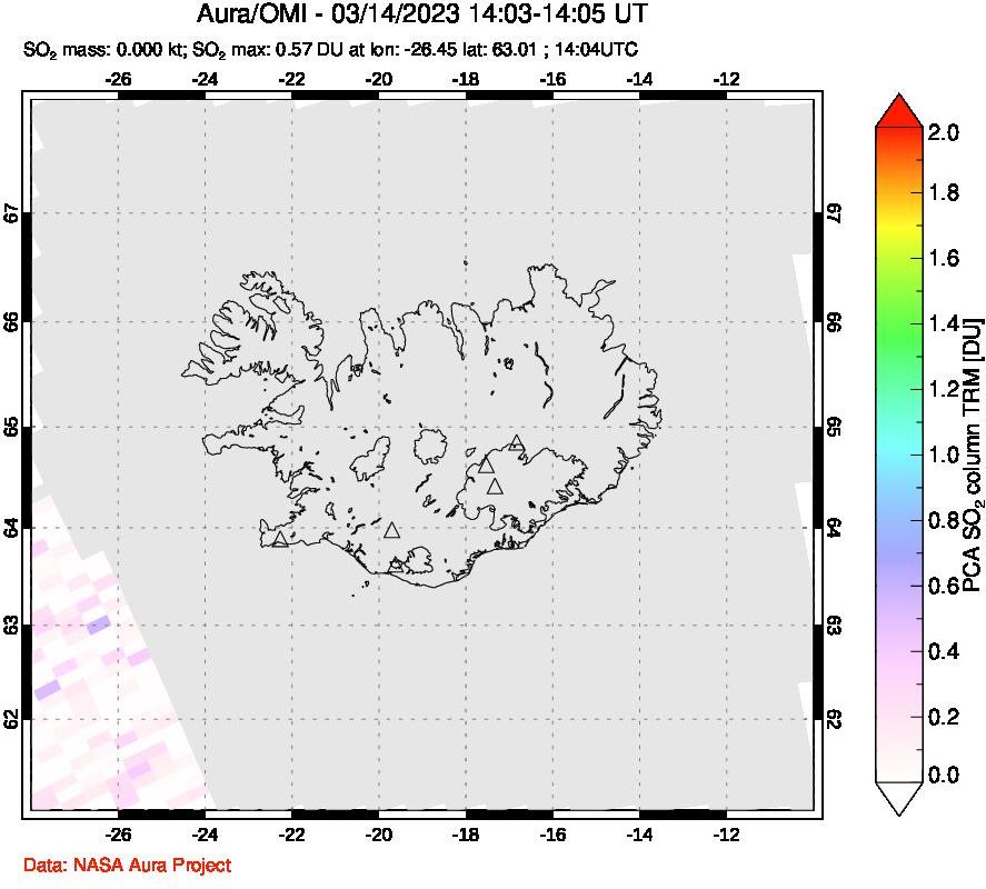 A sulfur dioxide image over Iceland on Mar 14, 2023.