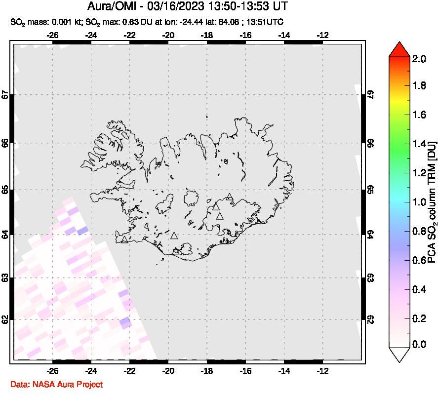 A sulfur dioxide image over Iceland on Mar 16, 2023.