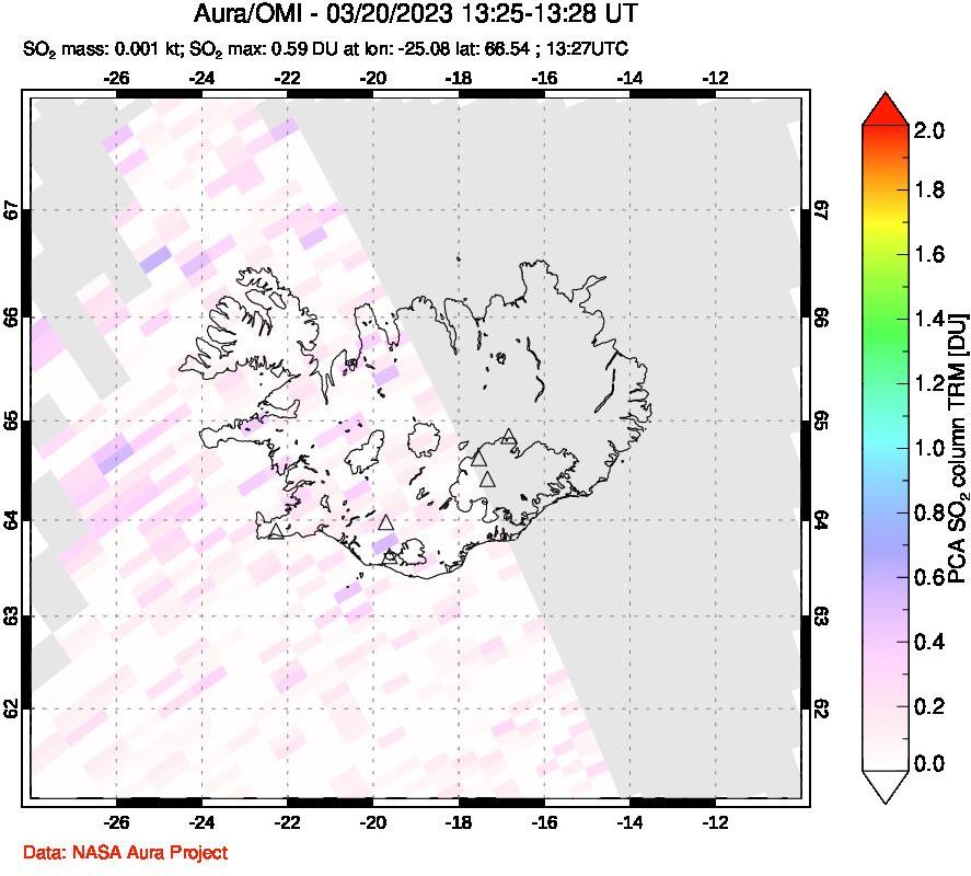 A sulfur dioxide image over Iceland on Mar 20, 2023.
