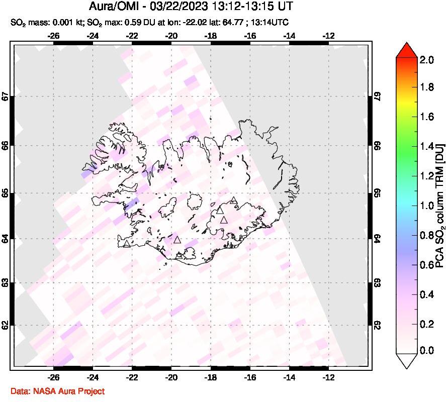 A sulfur dioxide image over Iceland on Mar 22, 2023.