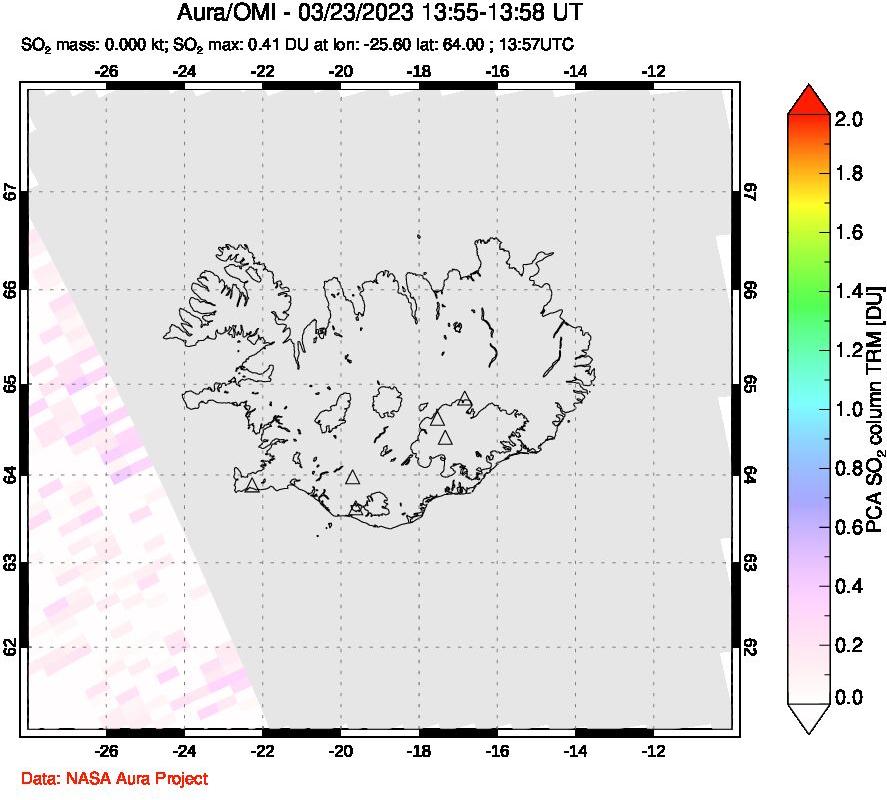 A sulfur dioxide image over Iceland on Mar 23, 2023.