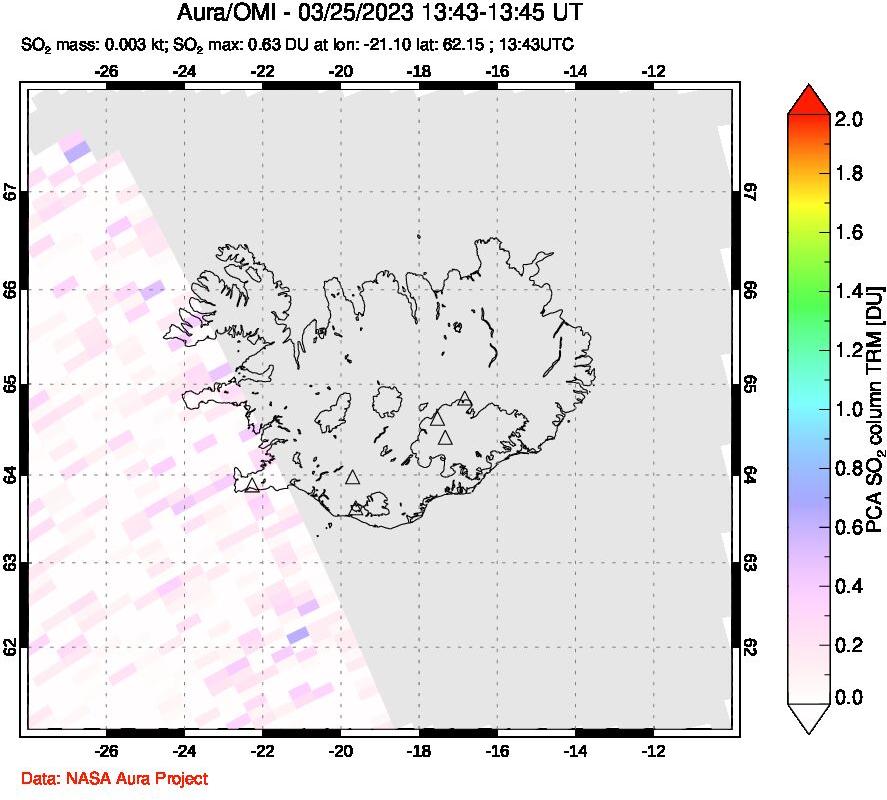 A sulfur dioxide image over Iceland on Mar 25, 2023.