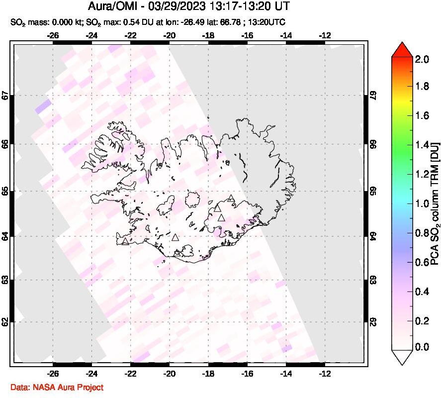 A sulfur dioxide image over Iceland on Mar 29, 2023.