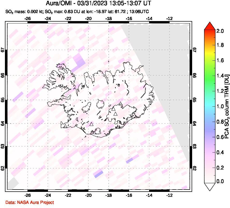 A sulfur dioxide image over Iceland on Mar 31, 2023.