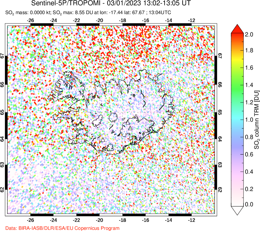 A sulfur dioxide image over Iceland on Mar 01, 2023.