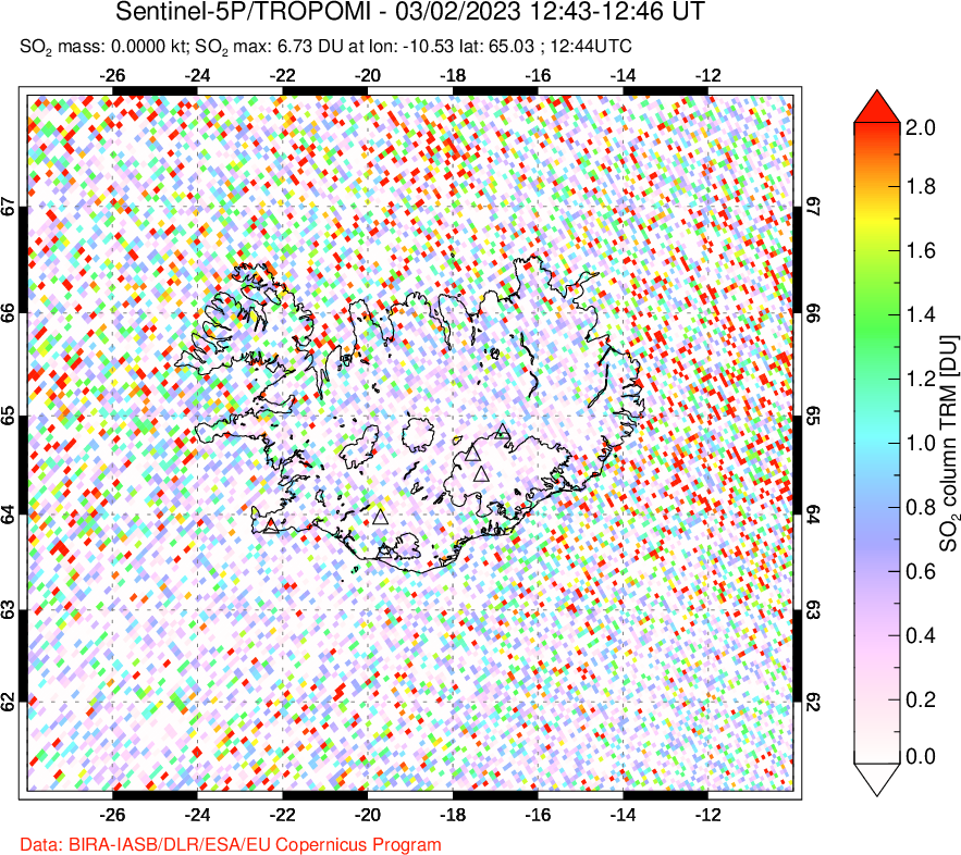 A sulfur dioxide image over Iceland on Mar 02, 2023.