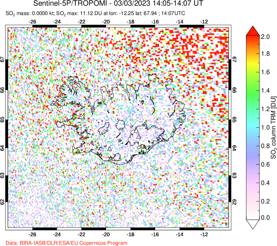 A sulfur dioxide image over Iceland on Mar 03, 2023.