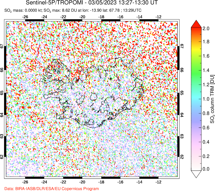 A sulfur dioxide image over Iceland on Mar 05, 2023.