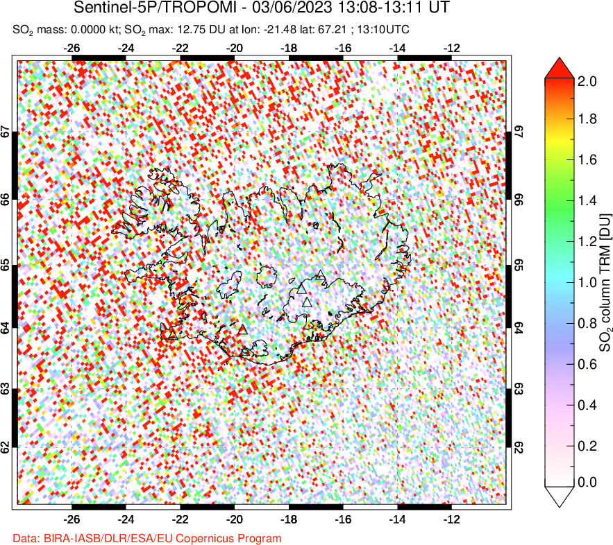 A sulfur dioxide image over Iceland on Mar 06, 2023.