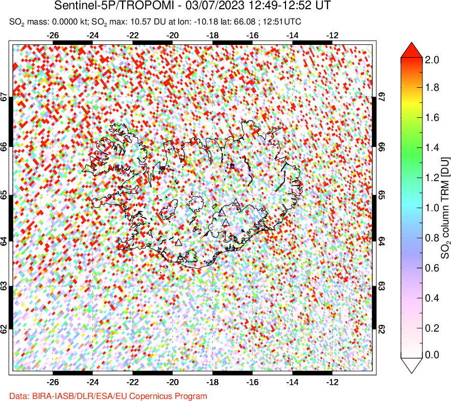 A sulfur dioxide image over Iceland on Mar 07, 2023.