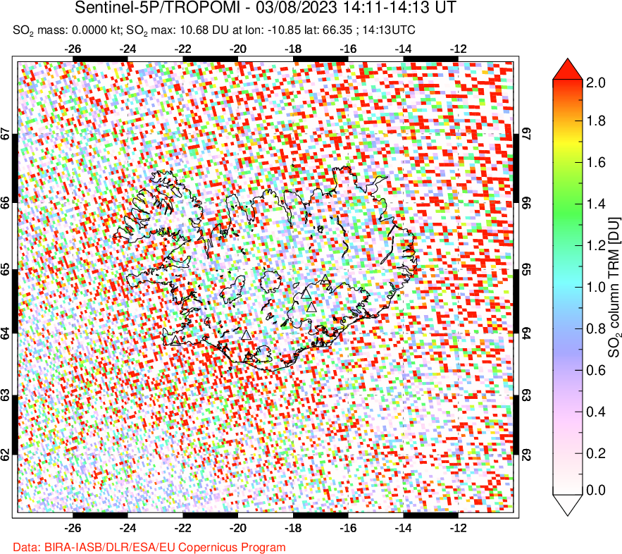 A sulfur dioxide image over Iceland on Mar 08, 2023.
