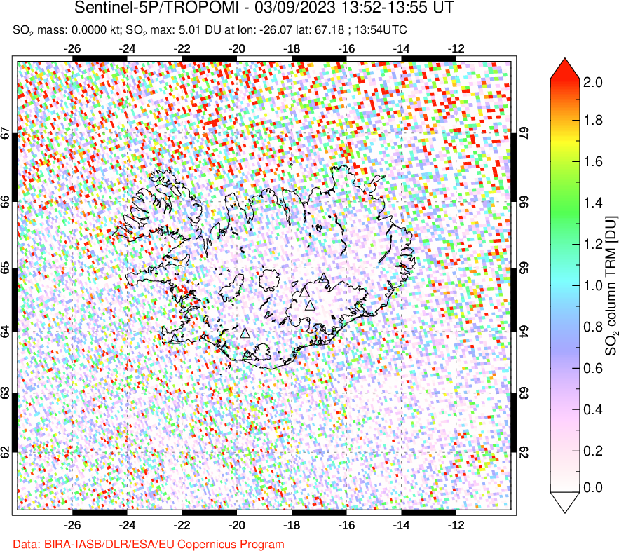 A sulfur dioxide image over Iceland on Mar 09, 2023.