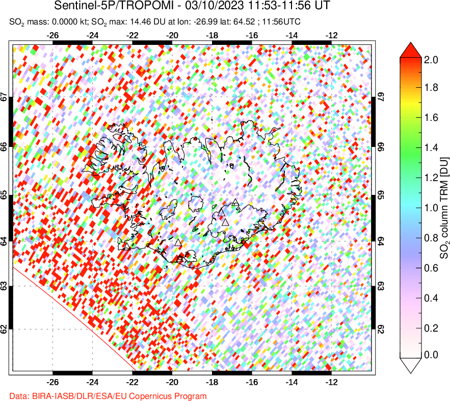 A sulfur dioxide image over Iceland on Mar 10, 2023.