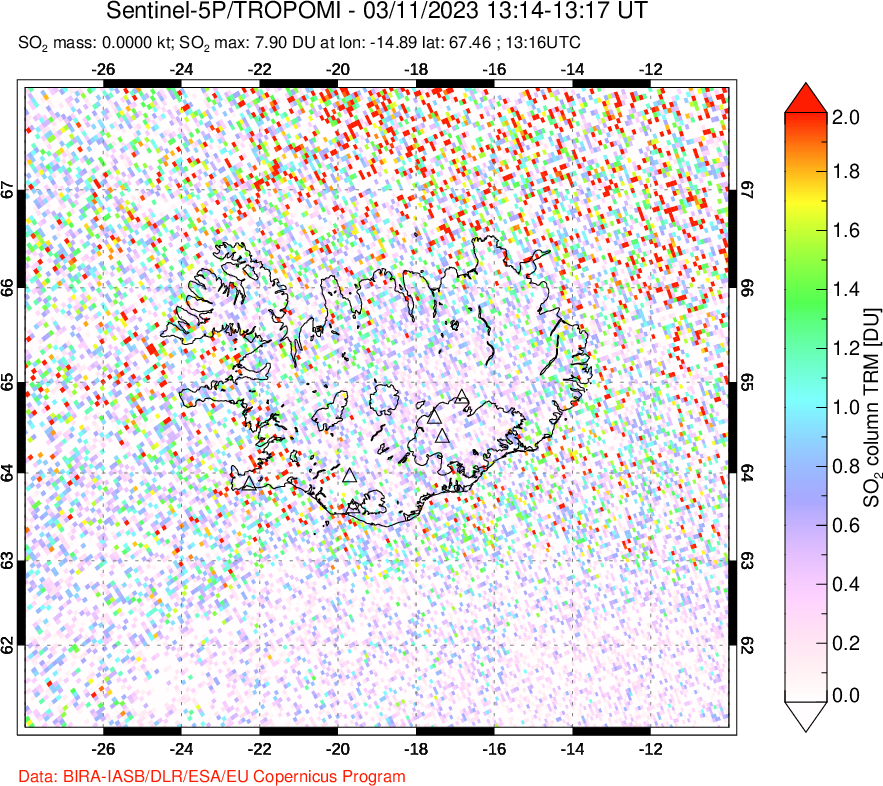 A sulfur dioxide image over Iceland on Mar 11, 2023.