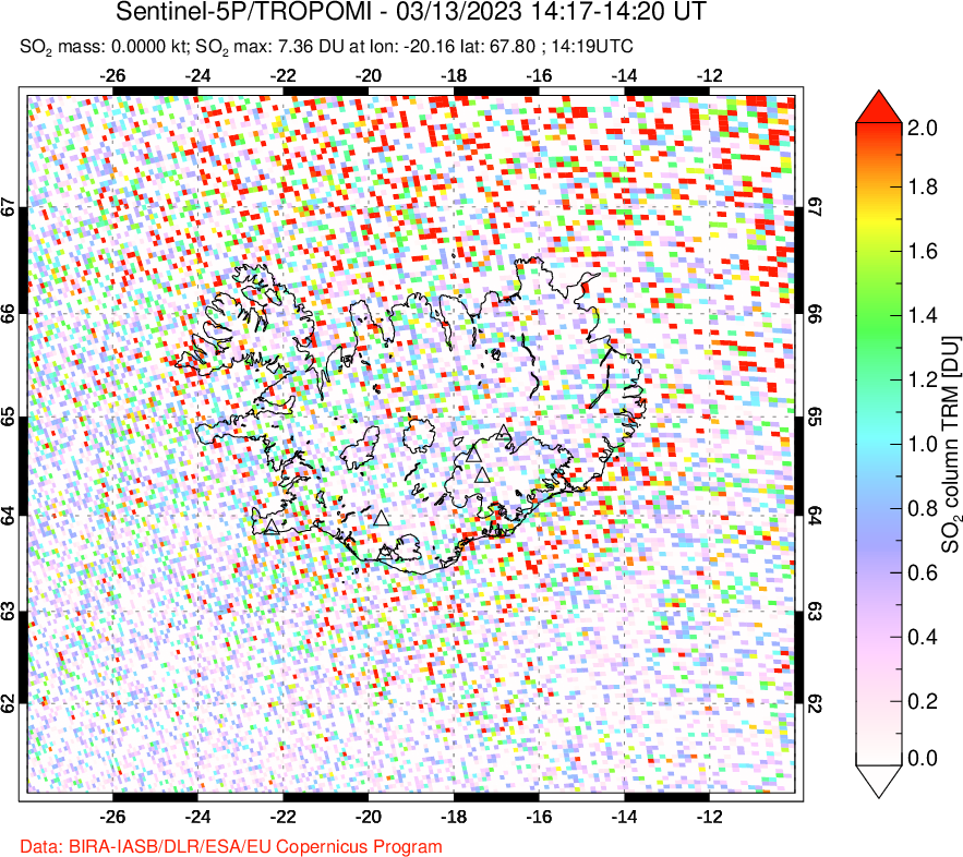 A sulfur dioxide image over Iceland on Mar 13, 2023.