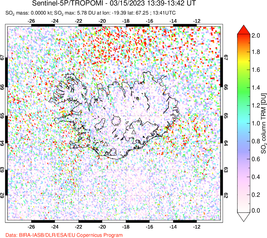 A sulfur dioxide image over Iceland on Mar 15, 2023.