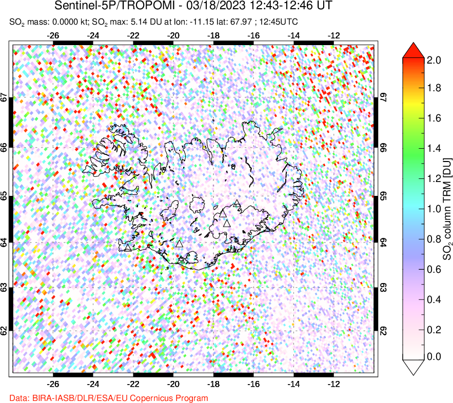 A sulfur dioxide image over Iceland on Mar 18, 2023.