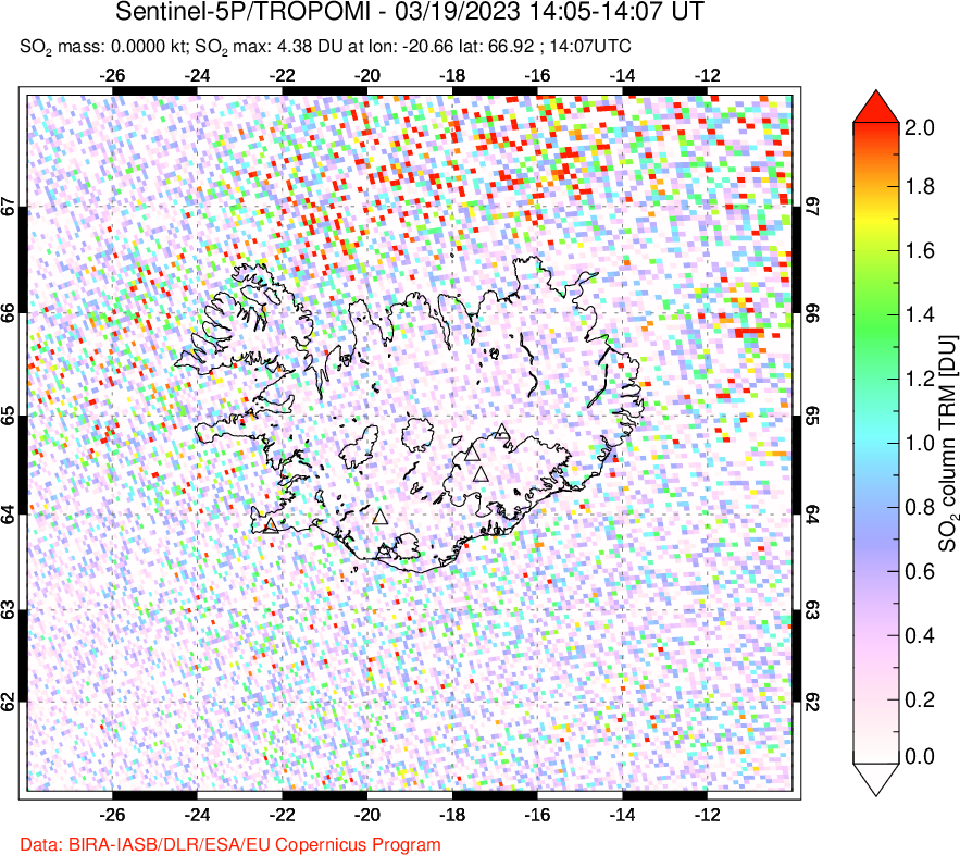 A sulfur dioxide image over Iceland on Mar 19, 2023.