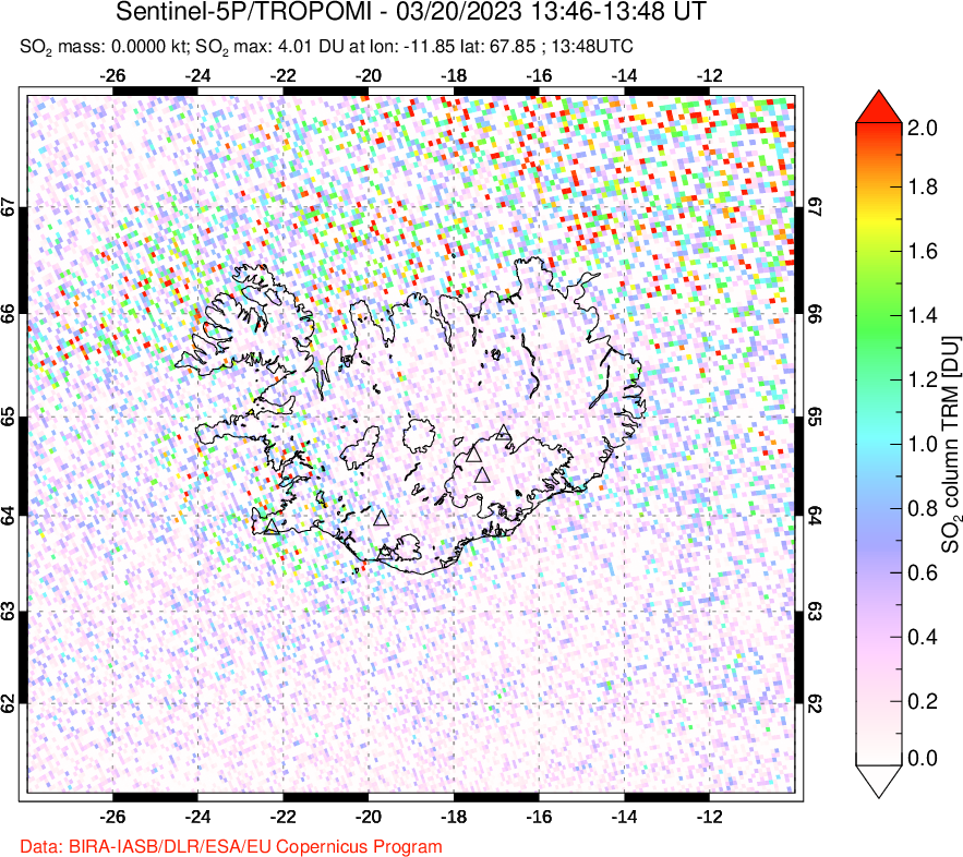 A sulfur dioxide image over Iceland on Mar 20, 2023.