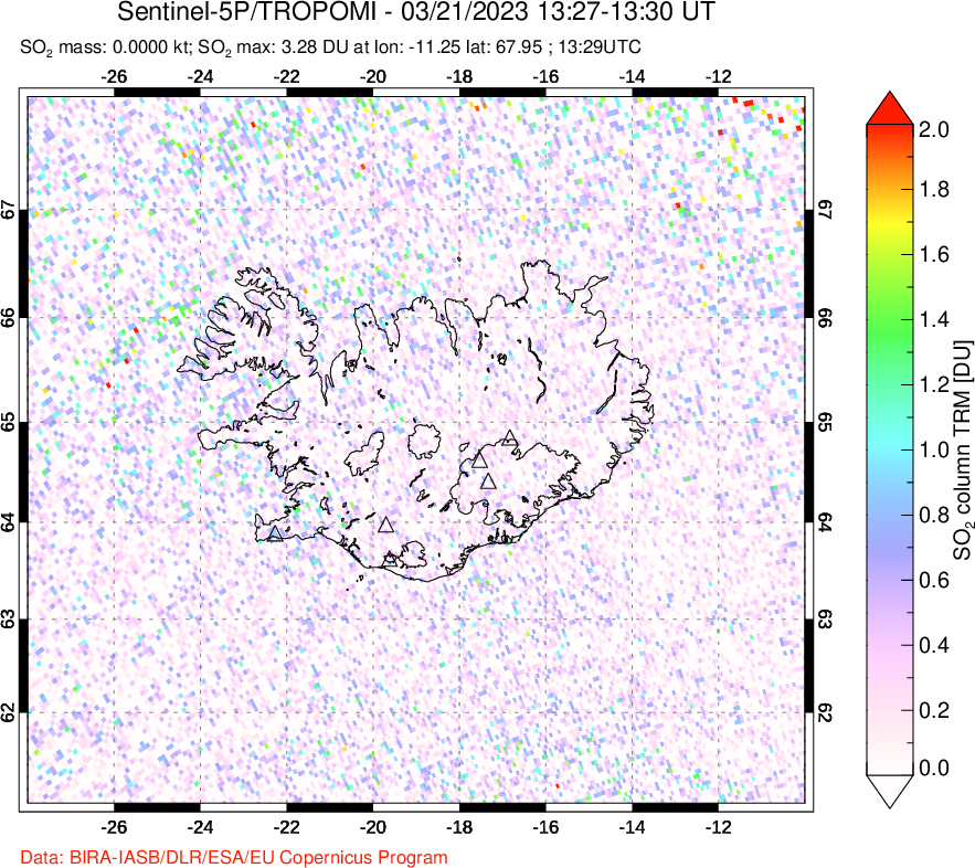 A sulfur dioxide image over Iceland on Mar 21, 2023.