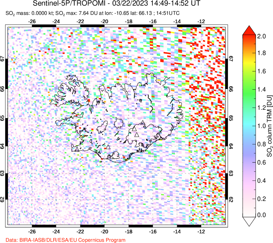 A sulfur dioxide image over Iceland on Mar 22, 2023.