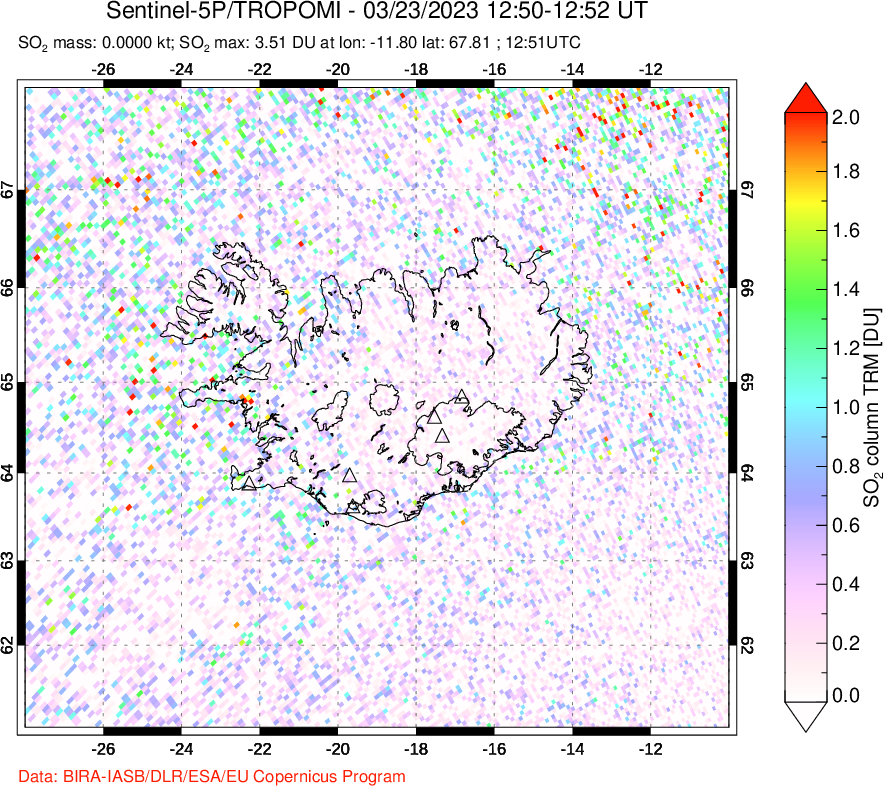 A sulfur dioxide image over Iceland on Mar 23, 2023.