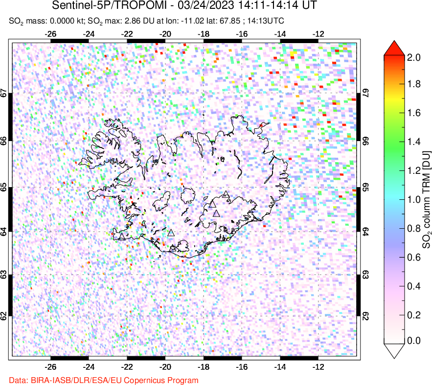 A sulfur dioxide image over Iceland on Mar 24, 2023.