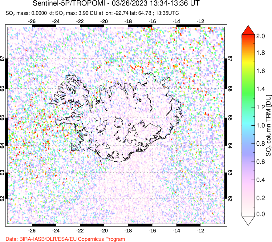 A sulfur dioxide image over Iceland on Mar 26, 2023.