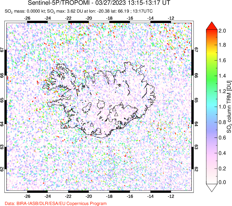 A sulfur dioxide image over Iceland on Mar 27, 2023.