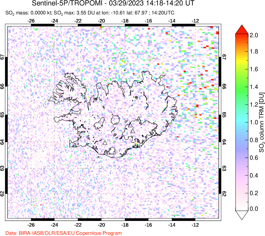 A sulfur dioxide image over Iceland on Mar 29, 2023.