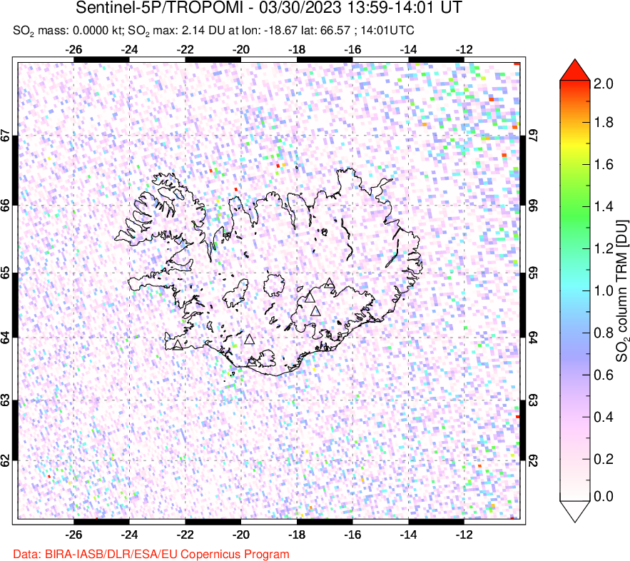 A sulfur dioxide image over Iceland on Mar 30, 2023.