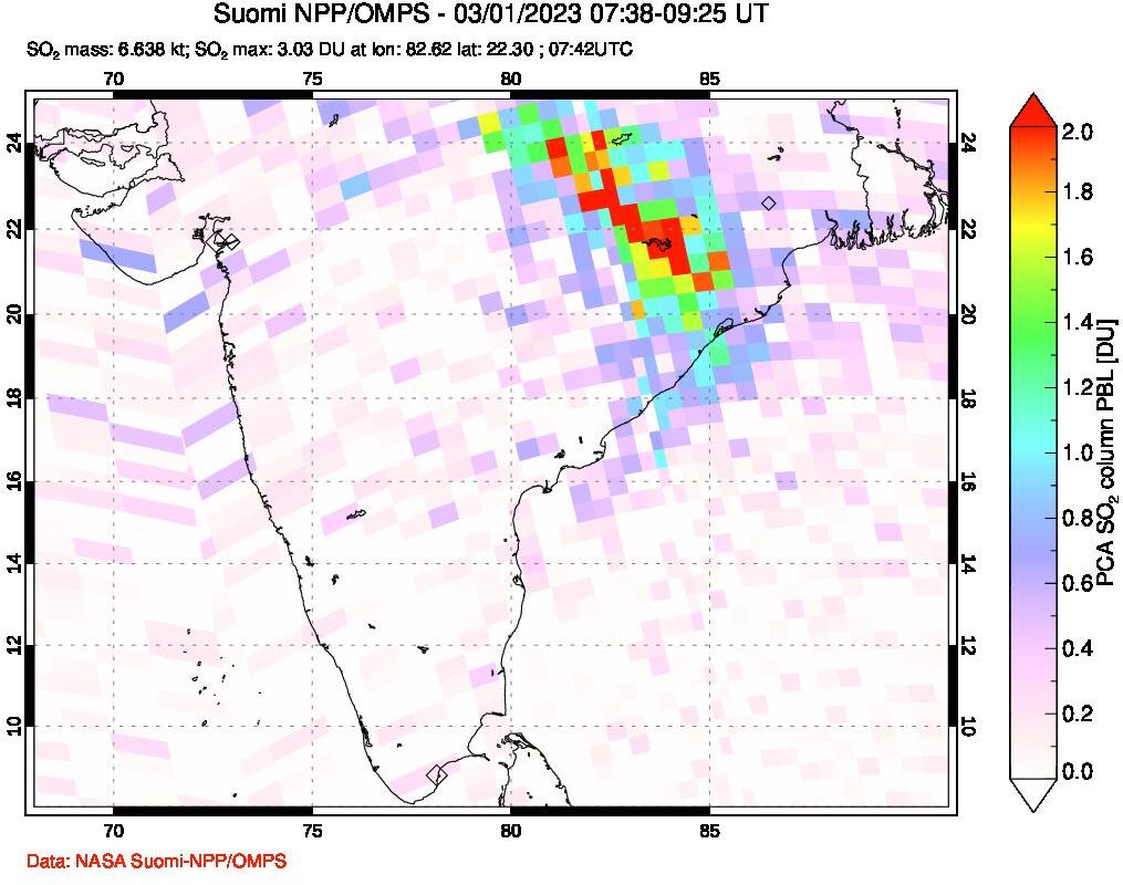A sulfur dioxide image over India on Mar 01, 2023.