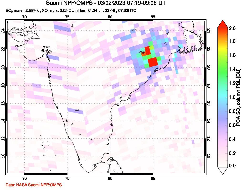 A sulfur dioxide image over India on Mar 02, 2023.