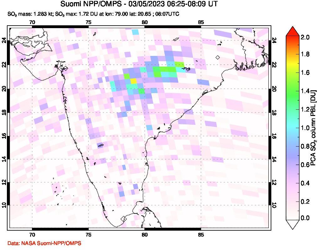 A sulfur dioxide image over India on Mar 05, 2023.