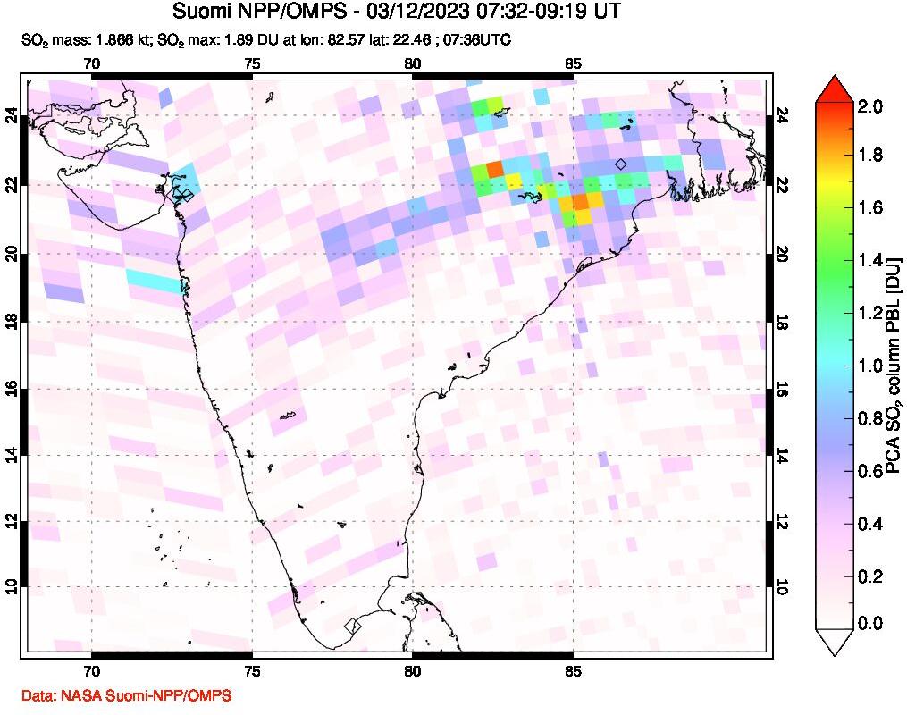 A sulfur dioxide image over India on Mar 12, 2023.