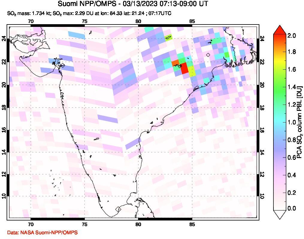 A sulfur dioxide image over India on Mar 13, 2023.