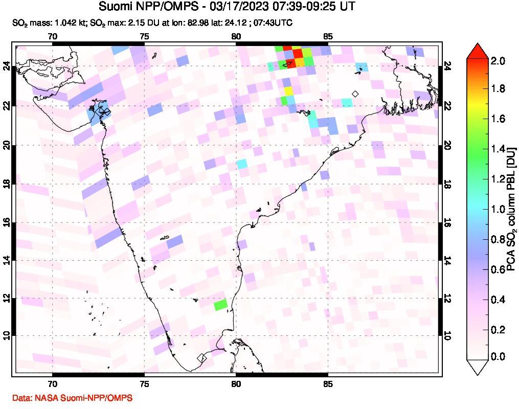 A sulfur dioxide image over India on Mar 17, 2023.