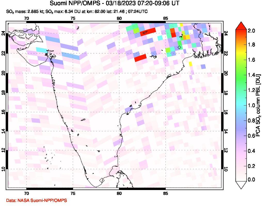 A sulfur dioxide image over India on Mar 18, 2023.