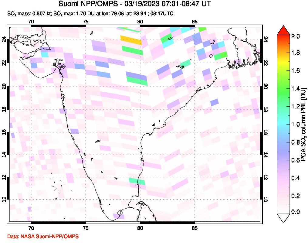 A sulfur dioxide image over India on Mar 19, 2023.